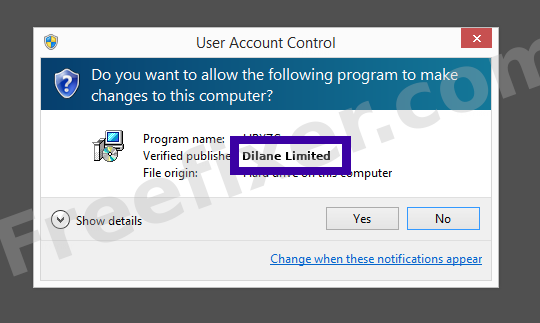 Screenshot where Dilane Limited appears as the verified publisher in the UAC dialog